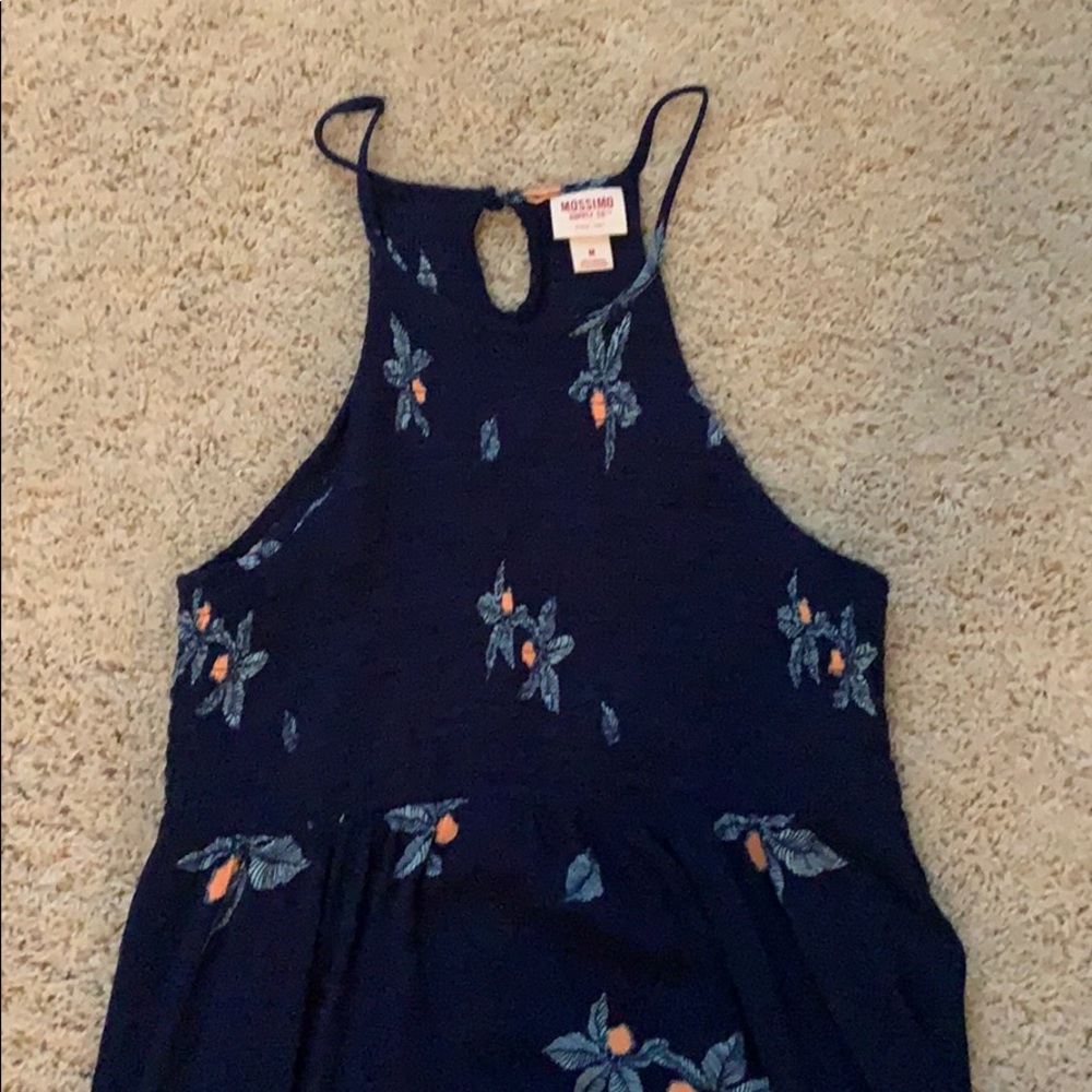 Navy flowered sundress, halter top.